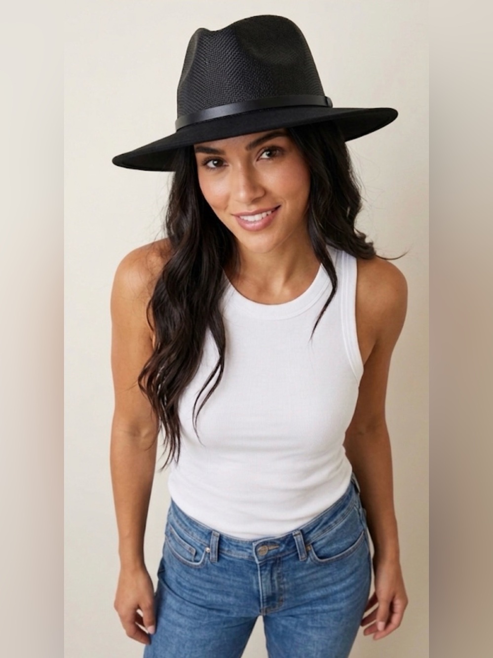 Stylish Black Fedora Hat with Belt Detail OS